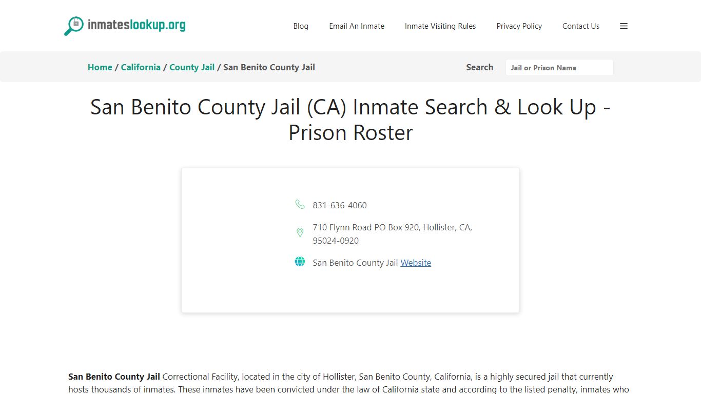 San Benito County Jail (CA) Inmate Search & Look Up - Prison Roster